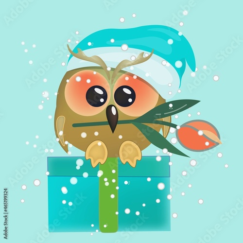 Cute owlet with a tulip in its beak, in a Christmas cap. Cartoon character sitting on a gift box. This is a positive, wise bird. Isolated vector illustration on blue background.