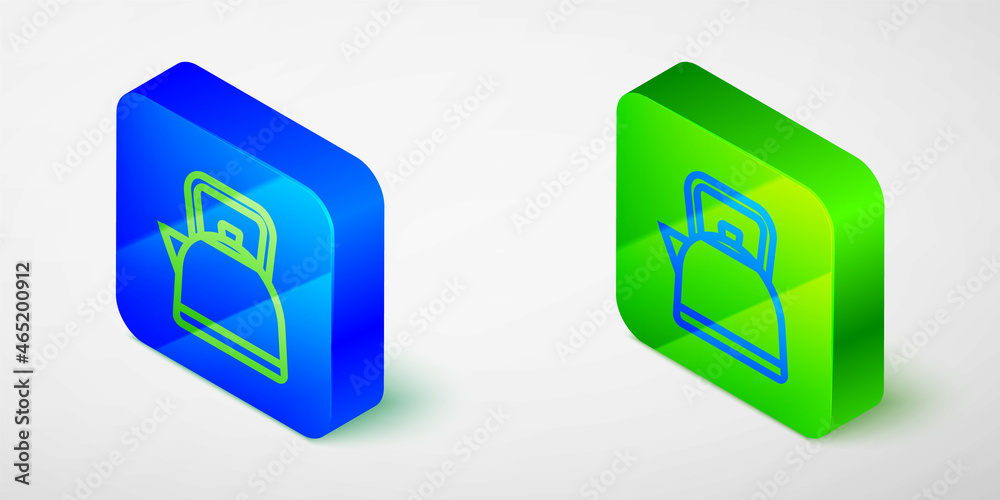 Isometric line Kettle with handle icon isolated on grey background. Teapot icon. Blue and green square button. Vector Isometric line Kettle with handle icon isolated on grey background. Teapot icon. Blue and green square button. Vector