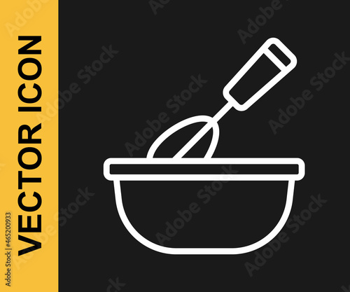 White line Cooking whisk with bowl icon isolated on black background. Cooking utensil, egg beater. Cutlery sign. Food mix symbol. Vector