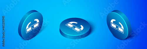 Isometric 3D cinema glasses icon isolated on blue background. Blue circle button. Vector