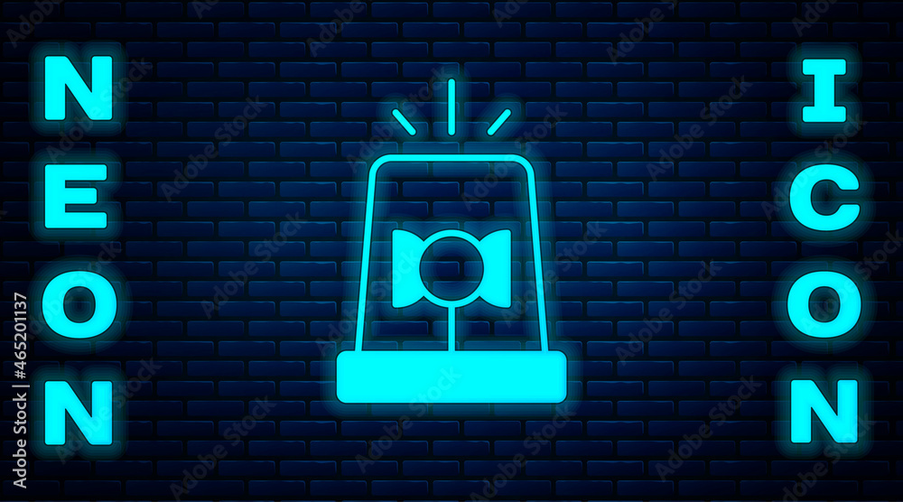Glowing neon Flasher siren icon isolated on brick wall background. Emergency flashing siren. Vector