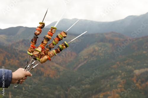 Man holding metal skewers with delicious meat and vegetables against mountain landscape, closeup