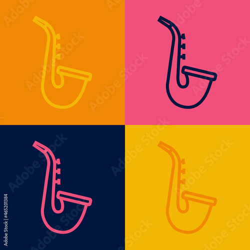 Pop art line Musical instrument saxophone icon isolated on color background. Vector