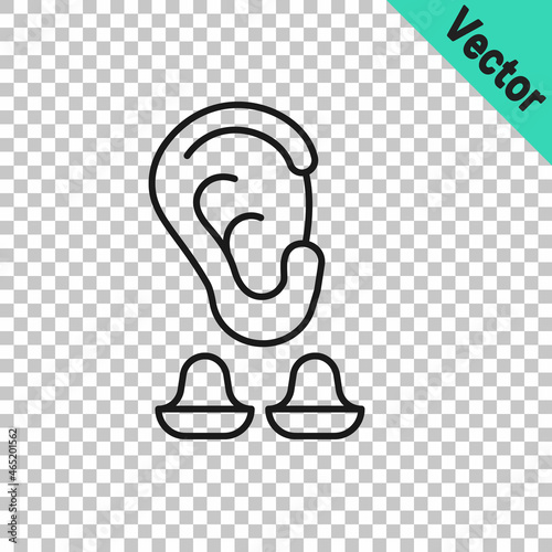 Black line Earplugs and ear icon isolated on transparent background. Ear plug sign. Noise symbol. Sleeping quality concept. Vector