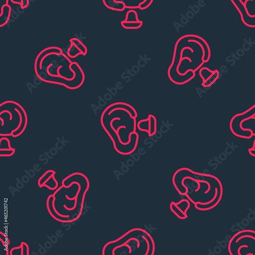 Red line Earplugs and ear icon isolated seamless pattern on black background. Ear plug sign. Noise symbol. Sleeping quality concept. Vector