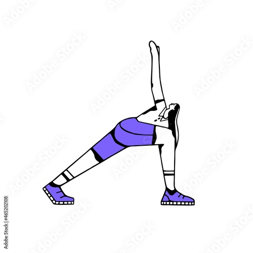 Woman doing physical lunge exercise, stretching and bending her body with arm up. Person at fitness workout. Female training, working out. Colored flat vector illustration isolated on white background