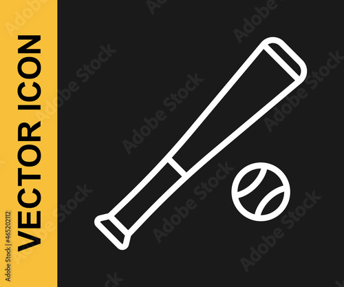 White line Baseball bat with ball icon isolated on black background. Vector