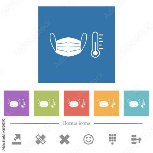Covid-19 fever measurement flat white icons in square backgrounds