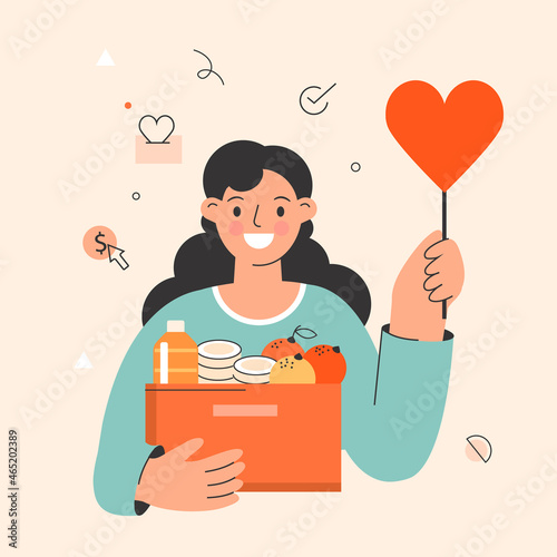 Donation concept illustration, woman volunteer holding donation box and heart-shaped sign, flat vector illustration