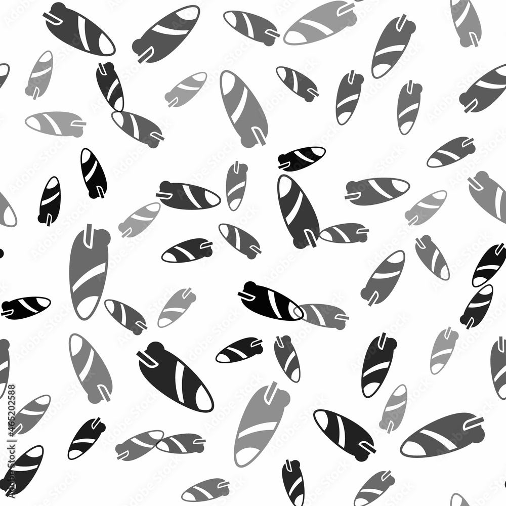 Black Surfboard icon isolated seamless pattern on white background. Surfing board. Extreme sport. Sport equipment. Vector