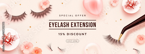 Discount horizontal banner with realistic false lashes, lash extension tools, balloons and flowers on pink background. Vector illustration