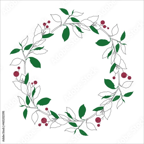 Vector wreath with green leaves and berries