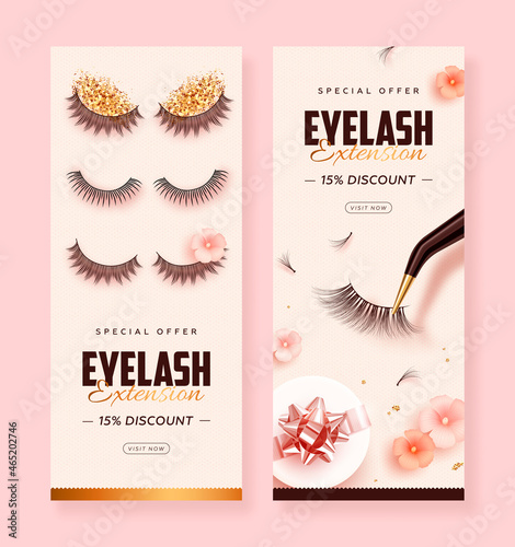 Set of discount roll up with realistic false lashes, lash extension tools and flowers on pink background. Vector illustration