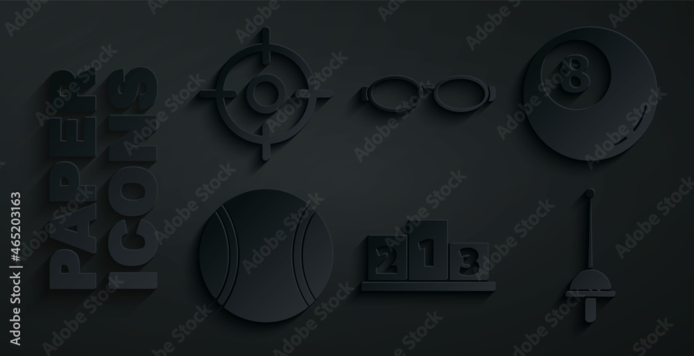 Set Award over sports winner podium, Billiard pool snooker ball, Tennis, Fencing, Glasses for swimming and Target icon. Vector