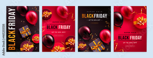 Set of black friday sale banner, poster or flyer with realistic glossy balloons, gift box and discount text on red and black background. Vector illustration