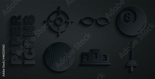 Set Award over sports winner podium, Billiard pool snooker ball, Tennis, Fencing, Glasses for swimming and Target icon. Vector