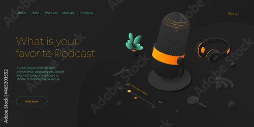 Podcast application concept in isometric vector illustration. Digital broadcasting or online streaming service via smartphone. Web banner layout template.