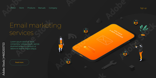 Email service in isometric vector illustration. Electronic mail message concept as business marketing. Newsletter sending mobile service layout or webmail. Web banner template.