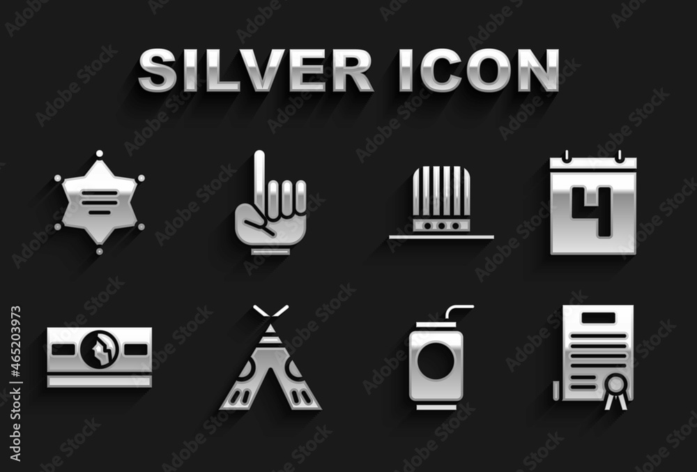 Set Indian teepee or wigwam, Declaration of independence, Soda can straw, Stacks paper money cash, Patriotic American top hat, Hexagram sheriff and Number 1 fan hand glove icon. Vector Set Indian teepee or wigwam, Declaration of independence, Soda can straw, Stacks paper money cash, Patriotic American top hat, Hexagram sheriff and Number 1 fan hand glove icon. Vector