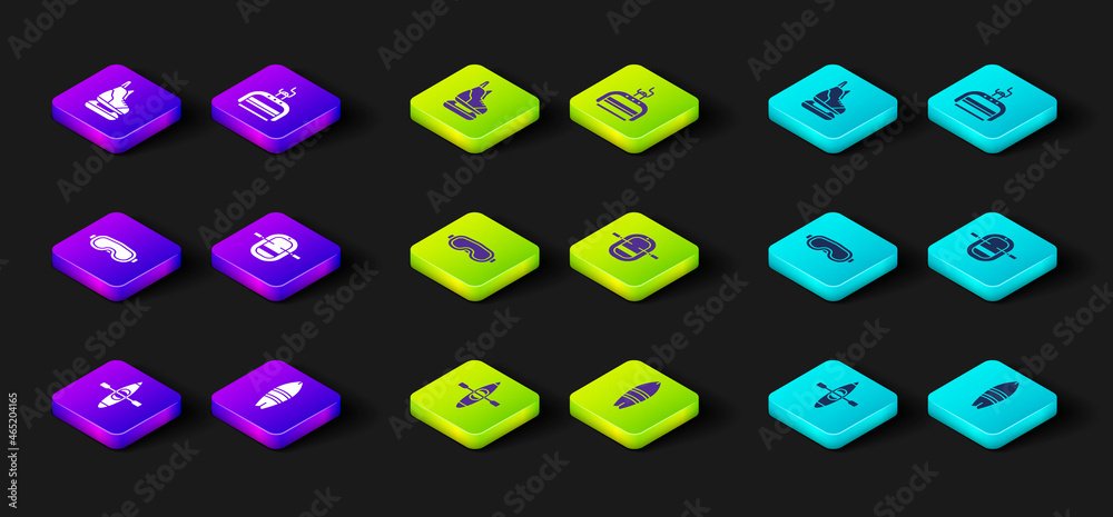 Set Kayak or canoe, Surfboard, Ski goggles, Rafting boat, lift and Skates icon. Vector Set Kayak or canoe, Surfboard, Ski goggles, Rafting boat, lift and Skates icon. Vector