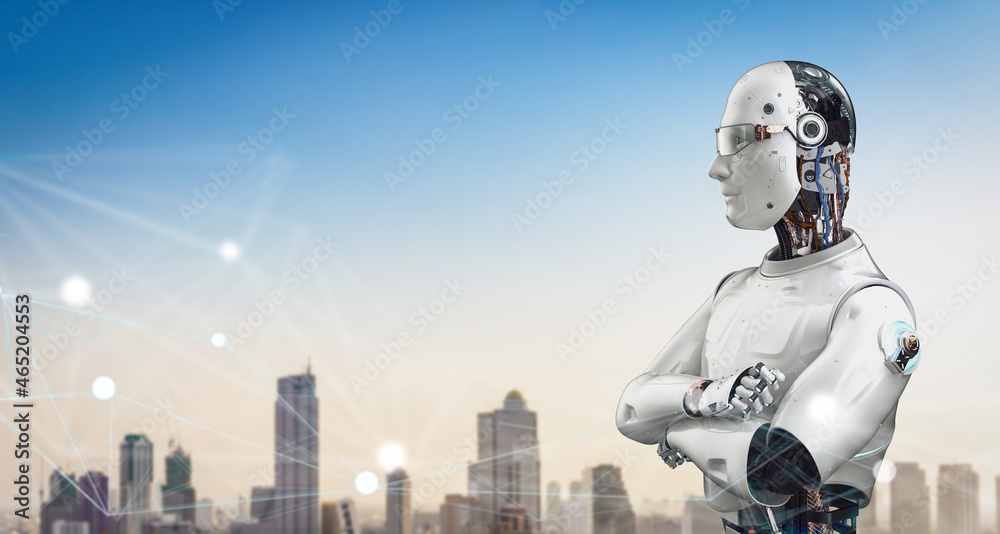 Smart city with ai robot with cityscape Smart city with ai robot with cityscape