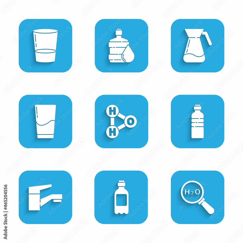 Set Chemical formula for H2O, Bottle of water, Water tap, Glass with, Jug glass and icon. Vector Set Chemical formula for H2O, Bottle of water, Water tap, Glass with, Jug glass and icon. Vector