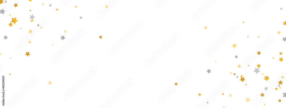 Golden and silver stars on white background. Starry frame. Glitter elegant design element. Gold shooting star. Stardust trail. Galaxy magic decoration. Christmas texture. Vector illustration