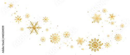 Gold snowflakes wave on white background. Luxury Christmas garland border. Falling golden snowflakes with different ornament. Winter ornament for packaging  card  invitation  web. Vector illustration