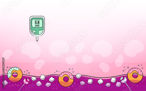 Diabetes vector background, medical illustration, chronic, metabolic disease by elevated levels of blood glucose. Checking sugar test, cartoon drawing facebook cover
