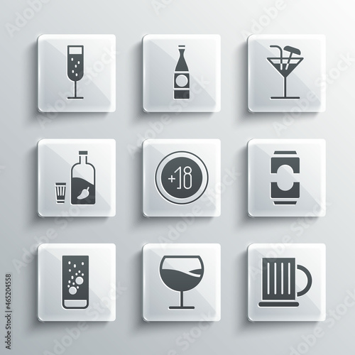 Set Wine glass, Wooden beer mug, Beer can, Alcohol 18 plus, Effervescent tablets water, Vodka with pepper and, Glass of champagne and Cocktail icon. Vector