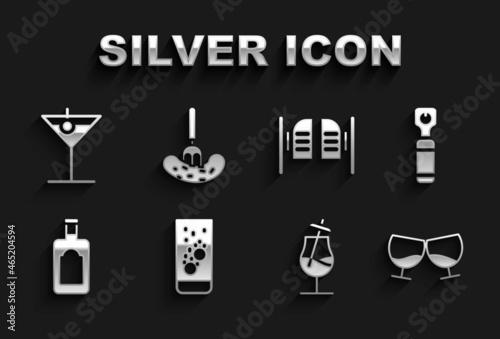 Set Effervescent tablets in water, Bottle opener, Glass of cognac or brandy, Cocktail, Whiskey bottle, Saloon door, Martini glass and Pickled cucumber fork icon. Vector