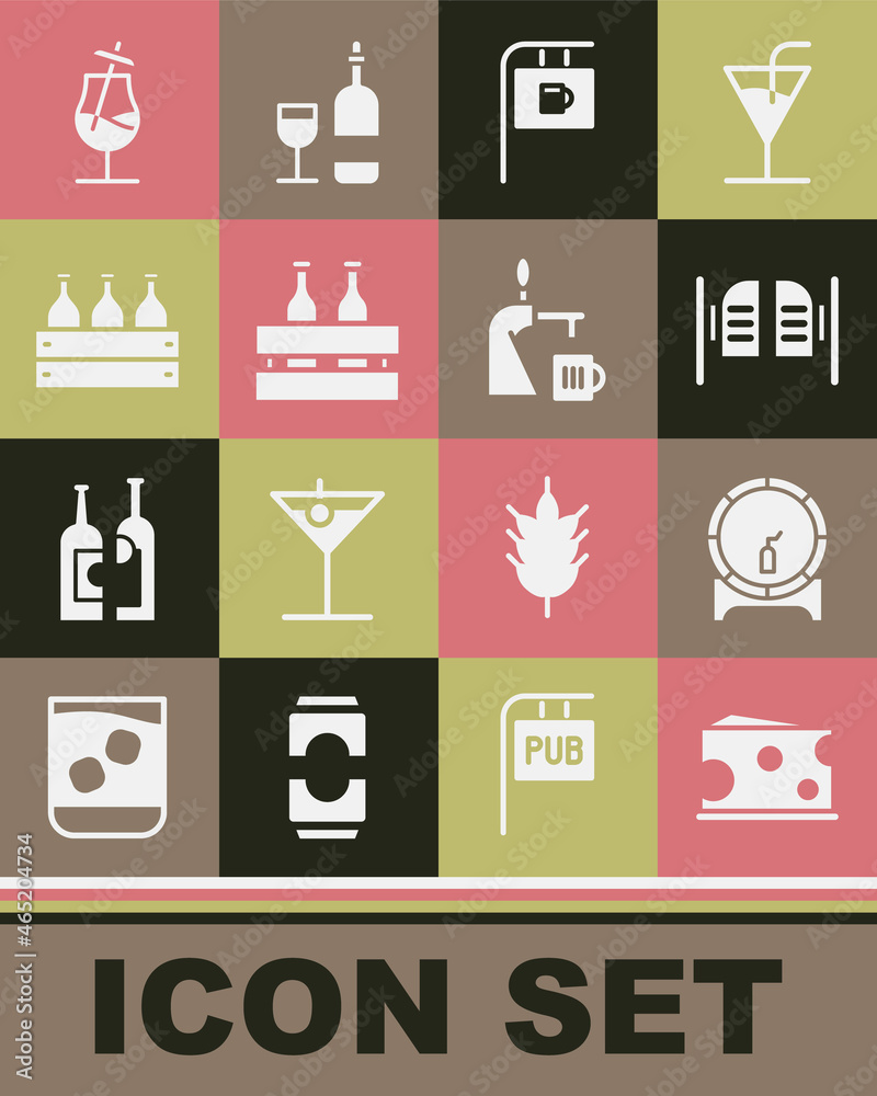 Set Cheese, Wooden barrel on rack, Saloon door, Street signboard with Bar, Pack of beer bottles, Bottles wine in wooden box, Cocktail and Beer tap glass icon. Vector Set Cheese, Wooden barrel on rack, Saloon door, Street signboard with Bar, Pack of beer bottles, Bottles wine in wooden box, Cocktail and Beer tap glass icon. Vector