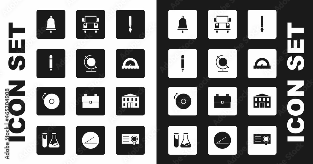 Set Paint brush, Earth globe, Pencil with eraser, Ringing bell, Protractor, School Bus, building and alarm icon. Vector Set Paint brush, Earth globe, Pencil with eraser, Ringing bell, Protractor, School Bus, building and alarm icon. Vector