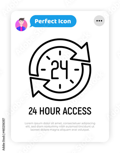 24 hour access thin line icon, clock in arrows. Modern vector illustration of day and night service.