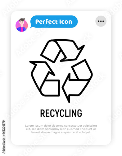 Recycle sign, three arrows in circle thin line icon. Modern vector illustration.
