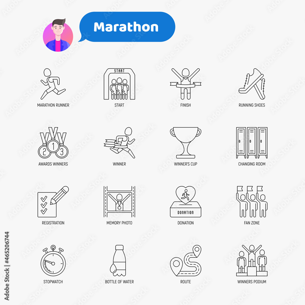 Marathon thin line icons set: runner, start, finish, running shoes, bottle of water, route, award, changing room, memory photo, donation, fan zone. Vector illustration. Marathon thin line icons set: runner, start, finish, running shoes, bottle of water, route, award, changing room, memory photo, donation, fan zone. Vector illustration.