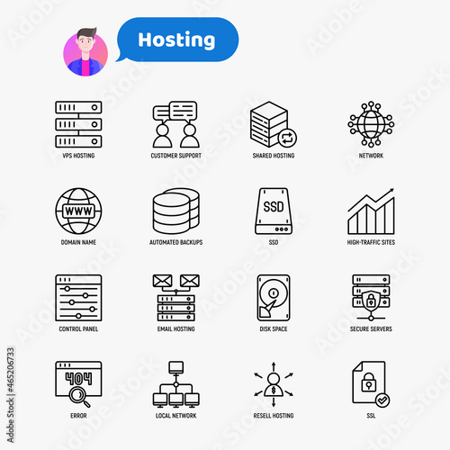 Hosting thin line icons set: VPS, customer support, domain name, automated backup, SSD, control panel, secure server, local network, SSL. Modern vector illustration.