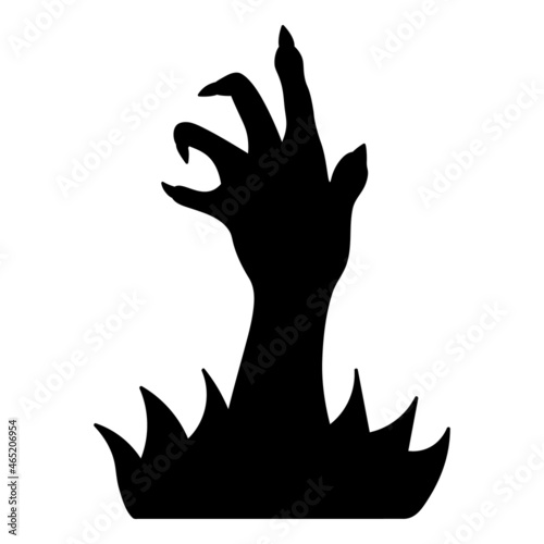 Silhouette of a paw with claws. The dead man's hand is selected from the thicket of grass. Gnarled fingers with sharp nails. The ominous zombie palm made its way to the surface. Vector illustration. 