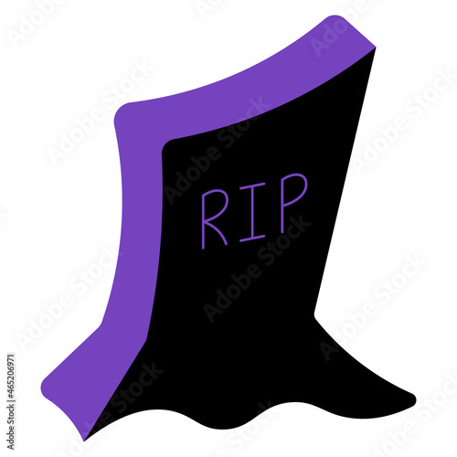Gravestone. A silhouette with a purple tint. Monument made of granite. Vector illustration. Gloomy headstone. Inscription - Rest in Peace. Isolated white background. Grave in the cemetery. Halloween 