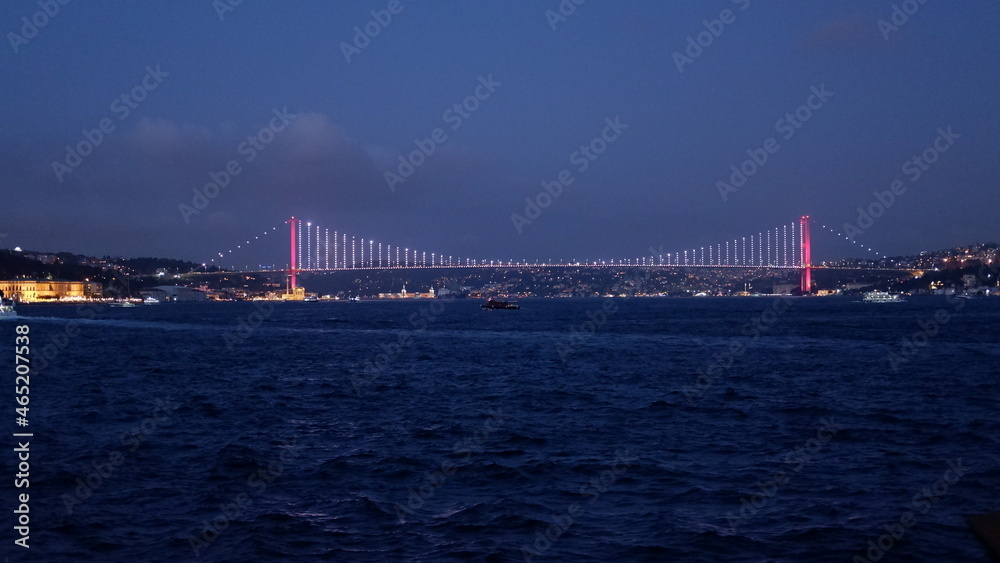 Bosphorus, Fatih Sultan Mehmet Bridge and its surroundings in the evening from the ship Bosphorus, Fatih Sultan Mehmet Bridge and its surroundings in the evening from the ship