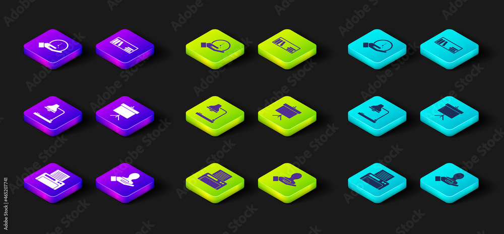 Set Printer, Hand for search a people, Table lamp, Chalkboard with diagram, Shelf books and Clock icon. Vector