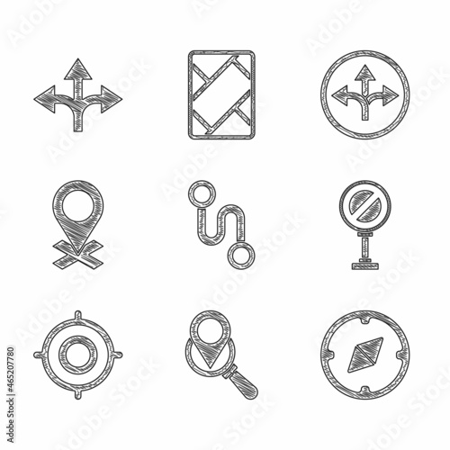 Set Route location  Search  Compass  Stop sign  Target sport  Location  Road traffic and icon. Vector