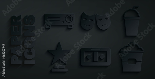 Set VHS video cassette tape, Paper glass with straw, Movie trophy, Popcorn in box, Comedy and tragedy masks and Movie, film, media projector icon. Vector