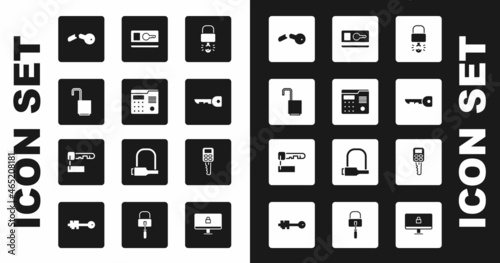 Set Key broke inside of padlock, House intercom system, Open, Broken key, card, Car with remote and Marked icon. Vector