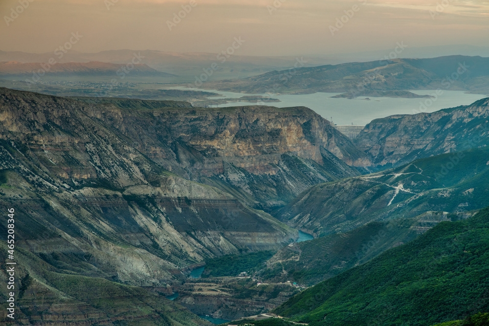 Mountain river landscape. Wild turquoise river in a mountain canyon, top view. The Sulak canyon Caucasus, Dagestan, Russia.