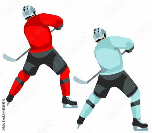 A hockey player in a sports uniform swings a stick from the back