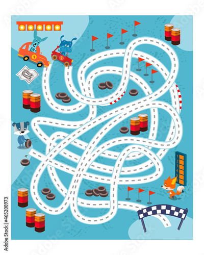 Maze game, activity for kids. Draw each path the racers will take. Which racer will win the competition. Vector illustration.