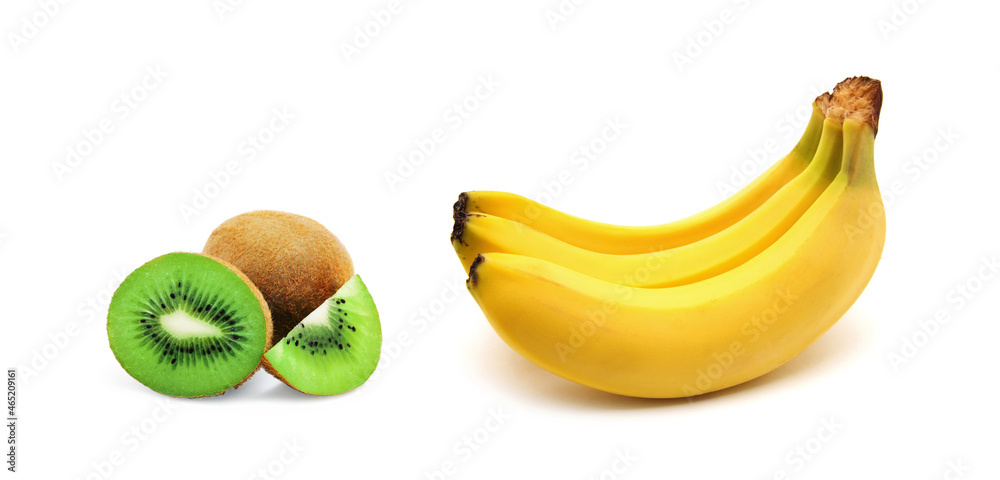 bananas and kiwi fruit on a white background