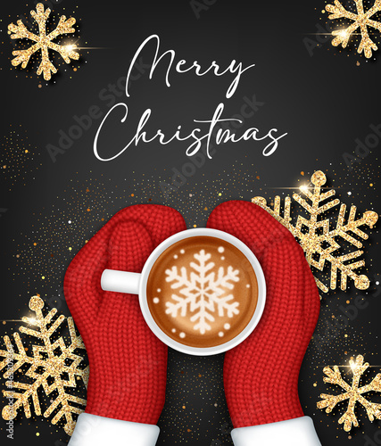 Hands in knitted mittens holding a cup of coffee. Christmas greeting card template