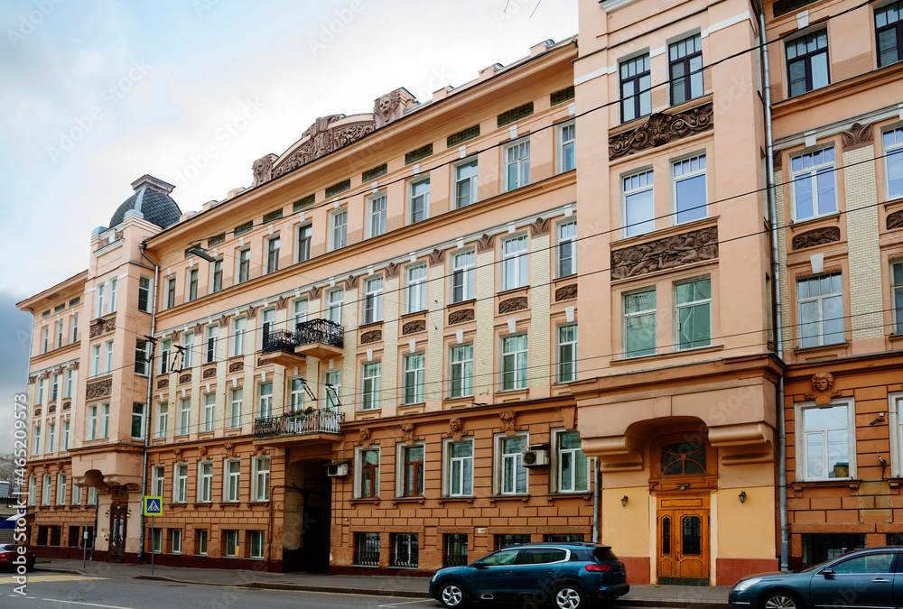 Moscow, Russia, M.A. Maltsev's Apartment house.
 The building was built in 1905 in the Art Nouveau style with two large bay windows, a beautiful pattern of balconies and gloomy vampire masks. Moldings